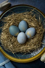 Obraz premium Top view of beautifully colored blue eggs on a plate decorated like a nest