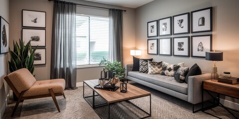 A modern living room with a picture frame on the wall. Generative AI