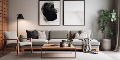 A modern living room with a picture frame on the wall. Generative AI