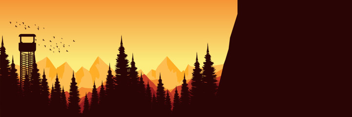 nature mountain hill sunset landscape forest tree silhouette view vector illustration good for web banner, ads banner, tourism banner, wallpaper, background template, and adventure design backdrop