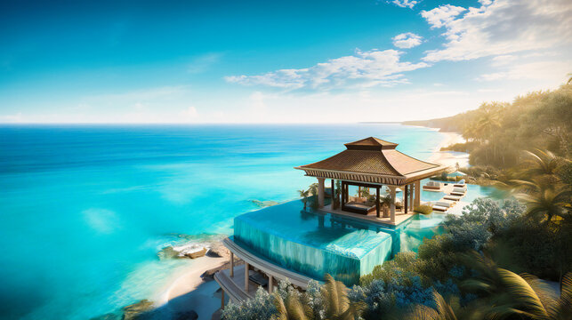 An opulent and grand image of a luxurious villa overlooking a tropical beach and lagoon, with a vibrant and vivid mood