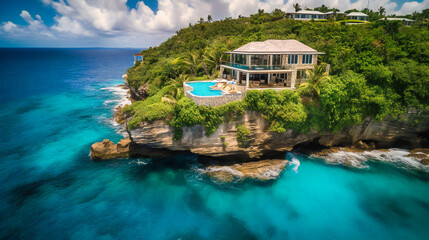 A breathtaking view of a luxurious summer villa perched on a green hill, overlooking a turquoise sea