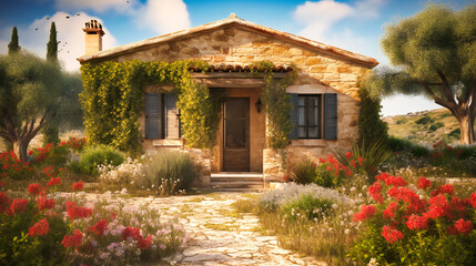 Fototapeta na wymiar A serene image of a charming summer villa nestled in a blooming garden and ancient olive grove