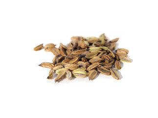 Isolated fennel seed pile, close up. Macro of dry Selma Fino Fennel seeds before planting. Known as Sweet Anise, Finnochio, Florentine Fennel or Foeniculum vulgare. Selective focus. White background.