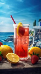 Summer iced cold drink with strawberry and lemon. Generative AI