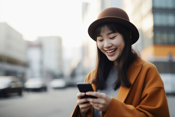 Asian woman using smartphone in the city. AI