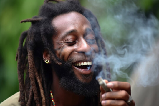 Happy rastafarian man smoking weed. AI