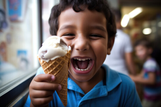 Kid eating ice cream. AI