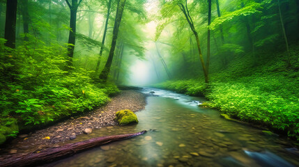 Fototapeta na wymiar A peaceful stream flowing through a verdant forest on a misty morning