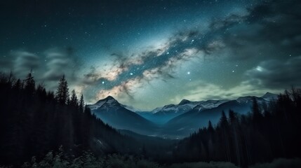 Milky Way above mountains at night time. Generative AI