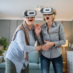 two Women mature senior females at home use virtual reality VR headset