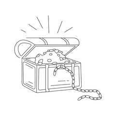 Cute cartoon treasure chest. Isolated vector illustration in linear style. Simple clipart. Design element. Pirate life and sea voyages. Secrets of ancient valuables.