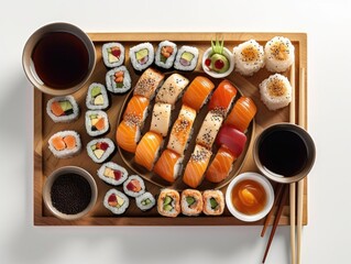 top-down shot of perfectly arranged sushi platter, standard size image file, bottom right corner view