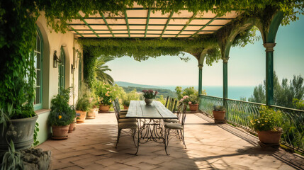 Fototapeta na wymiar An alluring image of a charming terrace at a summer villa, showcasing breathtaking views of the ocean and surrounding natural beauty