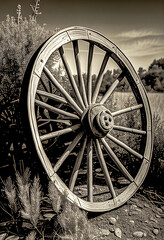 Fototapeta na wymiar a close up of wheelbarrowd wagon with wheel. generative ai.