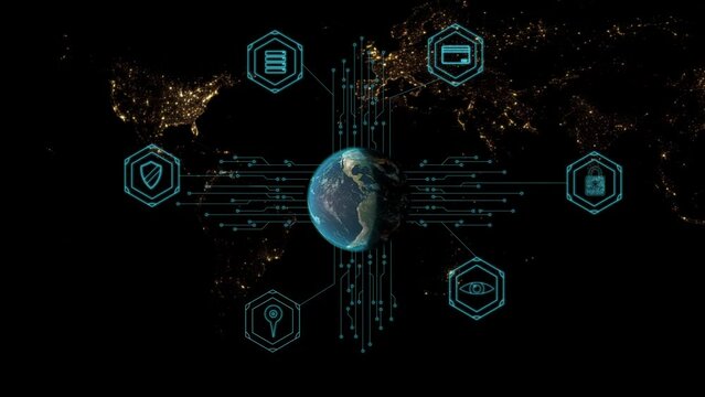 The globe rotates in the center of the microchip. Visualization of information transfer against the background of a night map of the world. The icons contain information protection symbols. Cg