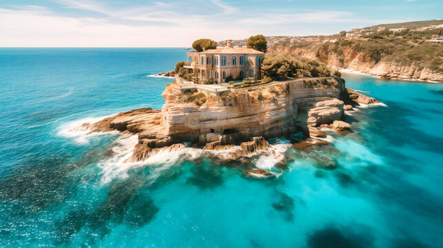 A stunning image of a luxurious summer villa rental, perched on a cliff with awe-inspiring sea views