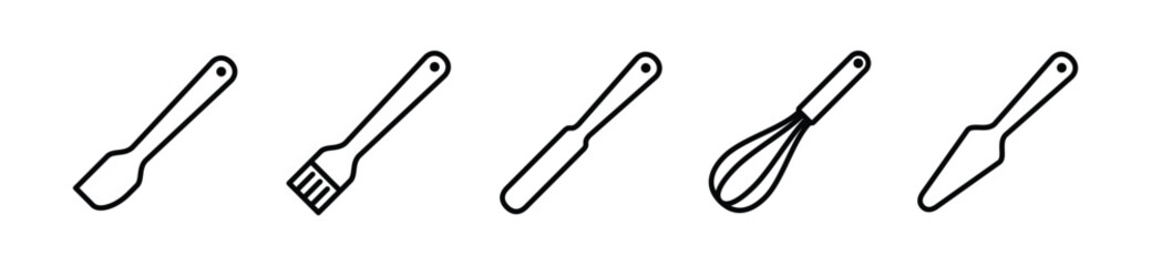 Bakery, bake, bread tools icons vector set. Baking tool icon collection in line style. Whisk, spatula, brush, and other with editable stroke. Vector illustration