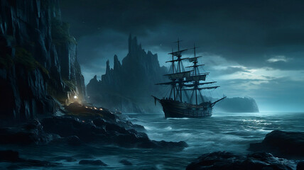 Ship and cliffs in dark and spooky night scene (AI generated) 