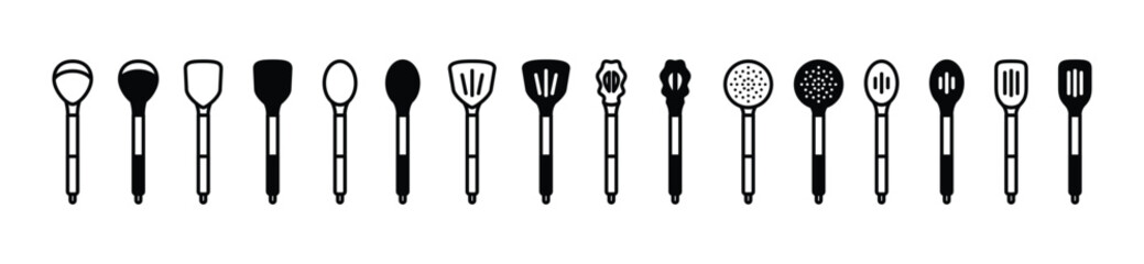 Kitchen utensils icons vector set in line  and flat style. Cooking tools icon collection on white background with editable stroke. Vector illustration
