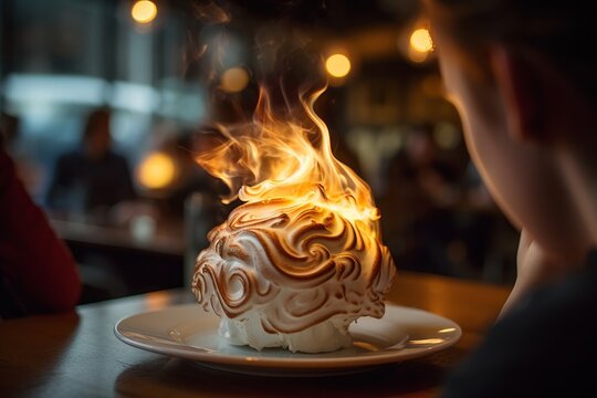 Photo of flaming bombe alaska on a plate created with Generative AI technology
