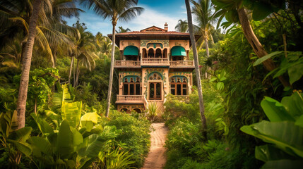 A mesmerizing image of a luxurious summer villa rental, blending traditional architecture with lush, tropical surroundings for the ultimate getaway