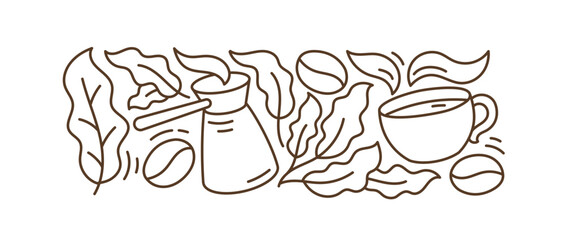 Coffee pattern. Coffea horizontal design element. Editable outline stroke. Vector line.