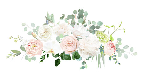 Pale pink and dusty rose, white orchid, magnolia, nude pink ranunculus, peony, eucalyptus vector design bouquet