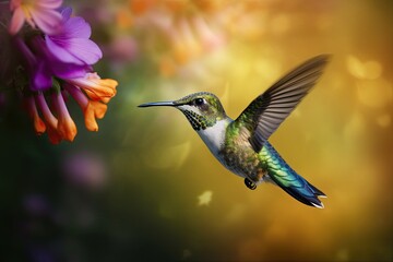 Fototapeta premium Humming bird hovering over colorful, pollen filled flowers. Generative AI