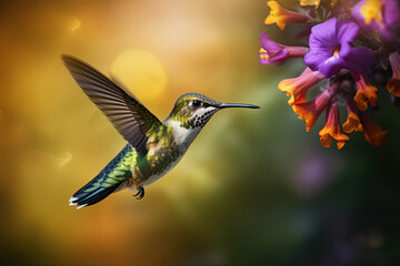 Fototapeta premium Humming bird hovering over colorful, pollen filled flowers. Generative AI