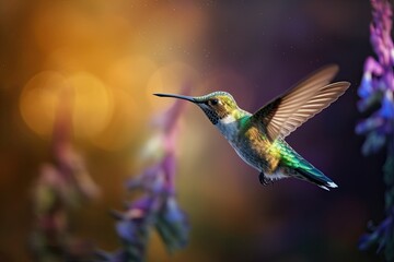 Fototapeta premium Humming bird hovering over colorful, pollen filled flowers. Generative AI