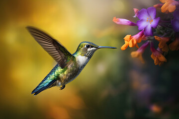 Humming bird hovering over colorful, pollen filled flowers. Generative AI