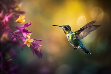 Fototapeta na wymiar Humming bird hovering over colorful, pollen filled flowers. Generative AI