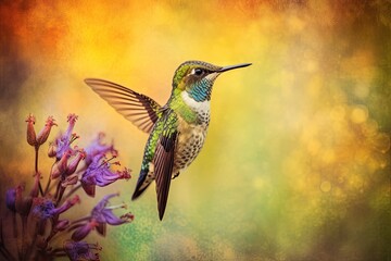 Fototapeta premium Humming bird hovering over colorful, pollen filled flowers. Generative AI