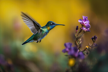Naklejka na ściany i meble Humming bird hovering over colorful, pollen filled flowers. Generative AI