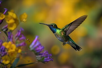 Fototapeta premium Humming bird hovering over colorful, pollen filled flowers. Generative AI