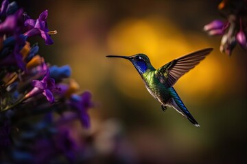 Fototapeta premium Humming bird hovering over colorful, pollen filled flowers. Generative AI