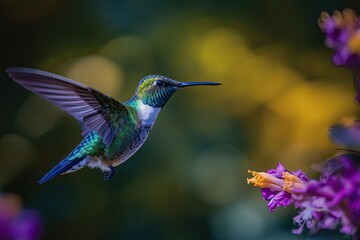 Humming bird hovering over colorful, pollen filled flowers. Generative AI