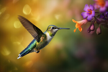 Fototapeta premium Humming bird hovering over colorful, pollen filled flowers. Generative AI