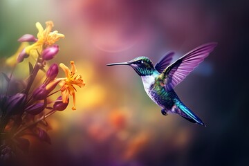 Humming bird hovering over colorful, pollen filled flowers. Generative AI