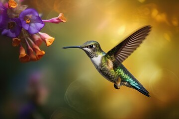 Humming bird hovering over colorful, pollen filled flowers. Generative AI