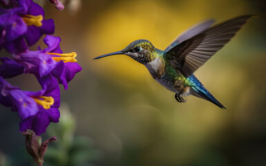 Obraz na płótnie Canvas Humming bird hovering over colorful, pollen filled flowers. Generative AI