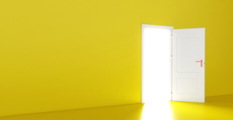 Open the door. Symbol of new career, opportunities, business ventures and initiative. Business concept. 3d render, white light inside open door isolated on yellow background. Modern minimal concept.