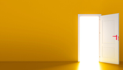 Open the door. Symbol of new career, opportunities, business ventures and initiative. Business concept. 3d render, white light inside open door isolated on orange background. Modern minimal concept.
