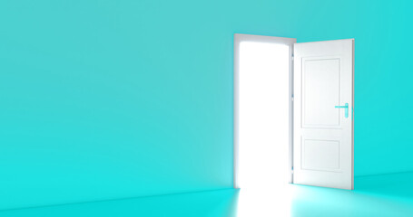 Open the door. Symbol of new career, opportunities, business ventures and initiative. Business concept. Blue Room with the door open for a sky. Door to heaven. 