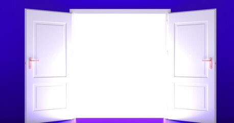 Open the door. Symbol of new career, opportunities, business ventures and initiative. Business concept. 3d render, white light inside open door isolated on purple background. Modern minimal concept.