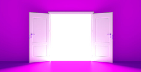 Open the door. Symbol of new career, opportunities, business ventures and initiative. Business concept. 3d render, white light inside open door isolated on pink background. Modern minimal concept.