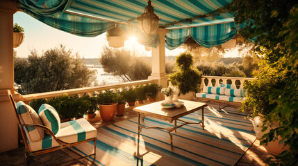 An appealing image of a sunlit terrace in a luxury summer villa, offering a relaxing outdoor space with stunning views