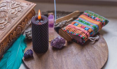 Energy healing, reiki session or chakra rite with candles, wicca magic, new world, alternative...