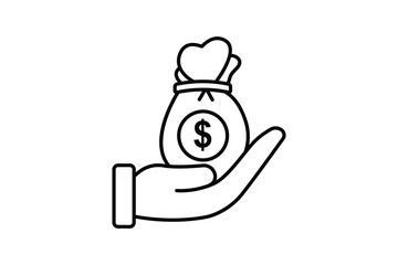 Donation icon illustration. Hand with money bag. Icon related to charity. Line icon style. Simple vector design editable